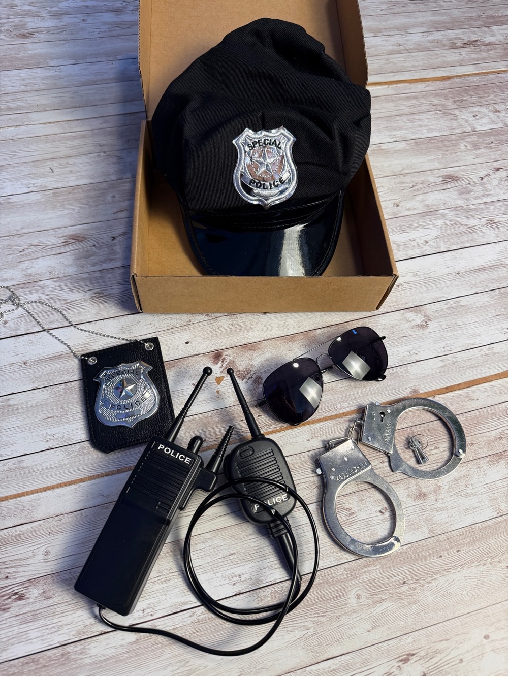 Black Police Roleplay Accessory Set - Badge, Hat, Handcuffs, Radio & Sunglasses